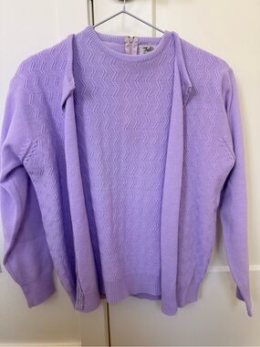 Vintage Talia Lilac Zigzag Knit Crewneck Sweater Cardigan Set Size 34 Small